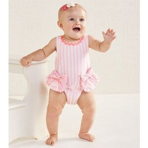 Mud Pie New Pink Bow Ruffle One Piece Swimsuit UPF 50 9-12 Mths